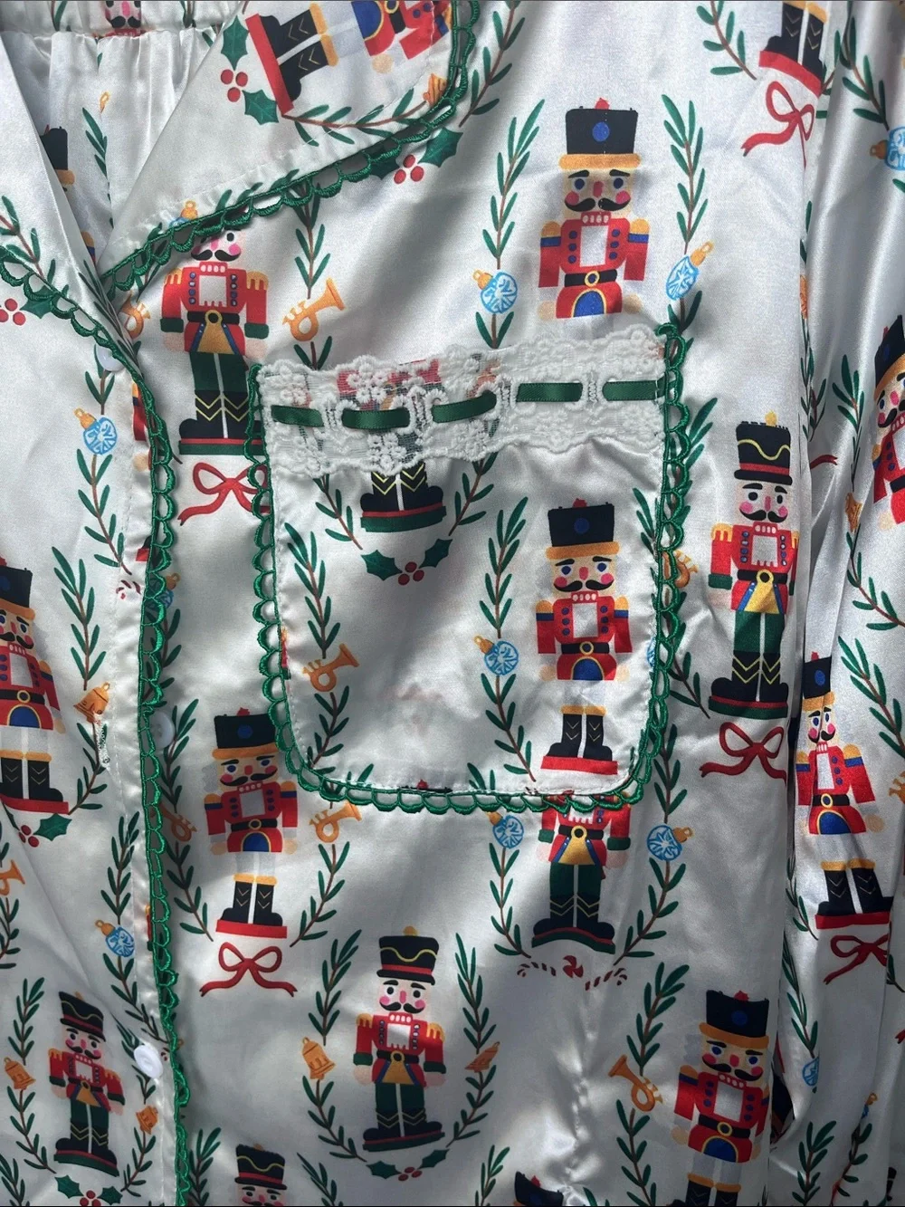 Nutcracker Print Satin Pajama Set - White with Red & Green